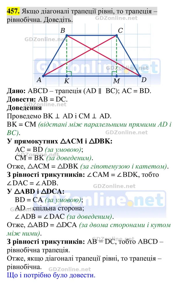 Завдання 457 — Геометрія 8 клас Бурда, Тарасенкова 2025, відповідь і розв’язання