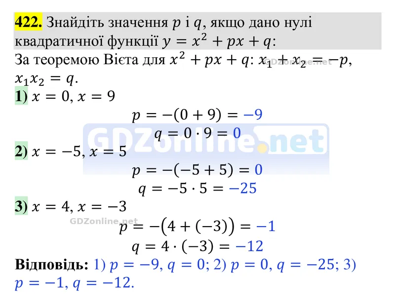 Завдання 422 — Алгебра 9 клас Тарасенкова 2026, відповідь і розв’язання