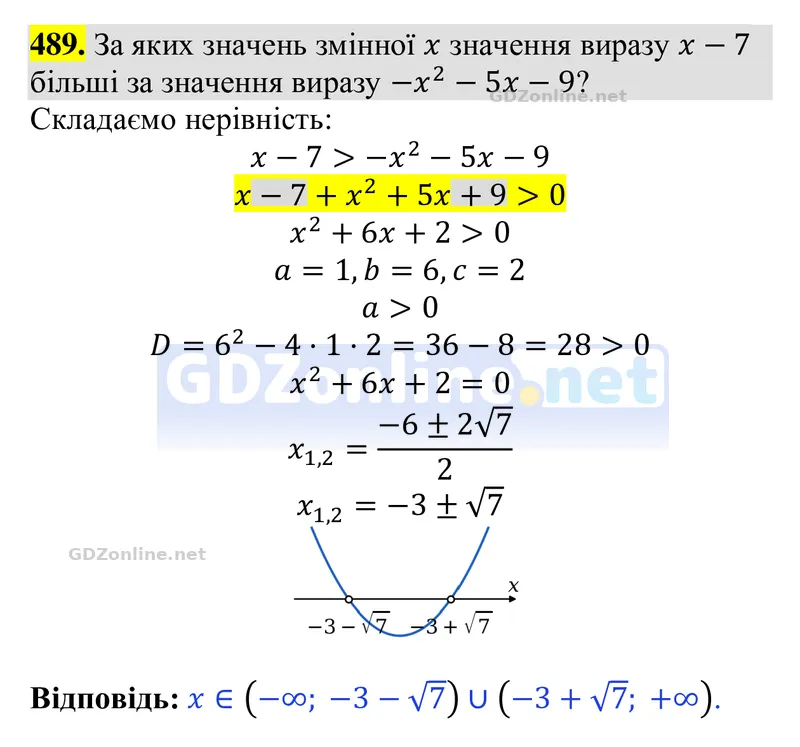 Завдання 489 — Алгебра 9 клас Тарасенкова 2026, відповідь і розв’язання